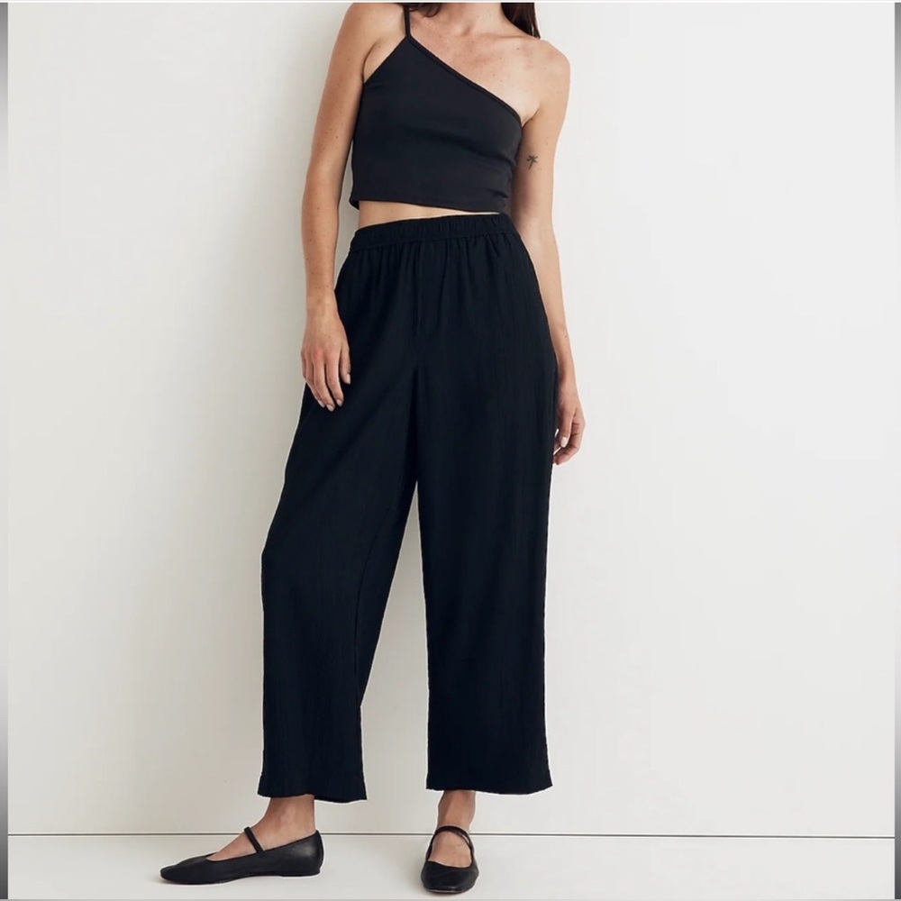 Madewell-Black-Crinkled-Crepe-Straight Leg-Crop Pant-Lightweight-Casual-Size S